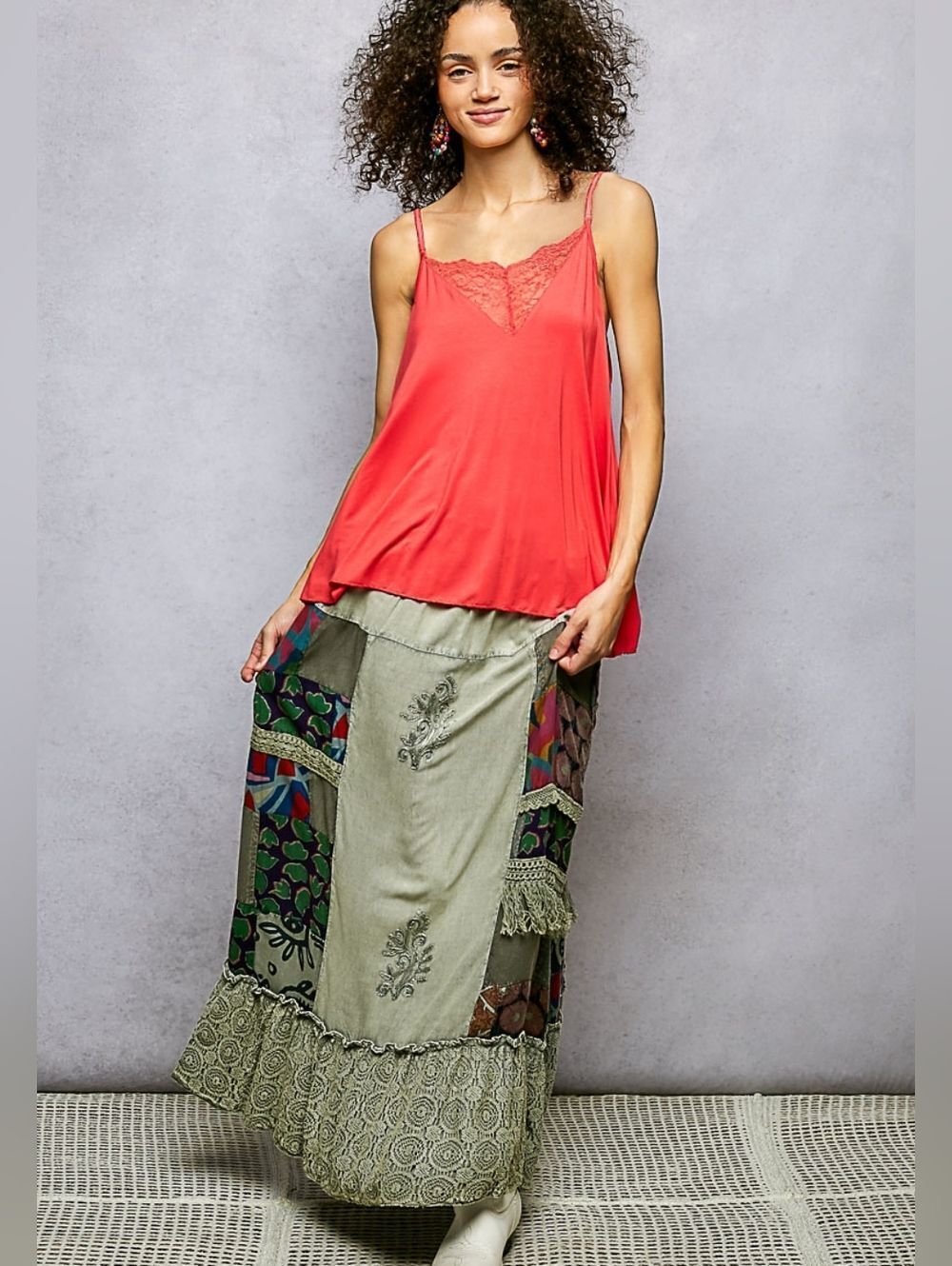 POL Printed Embroidered Ruffled Bohemian Patchwork Green Sz Small - Picture 8 of 9